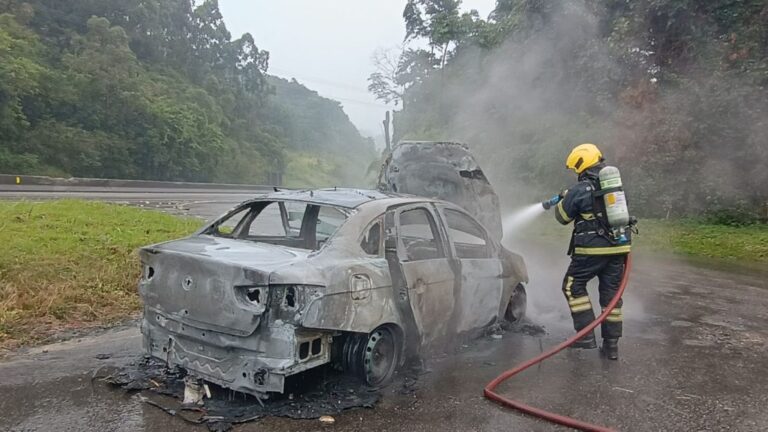 Bombeiros combatem incêndio em veículo às margens da BR-101 em Palhoça